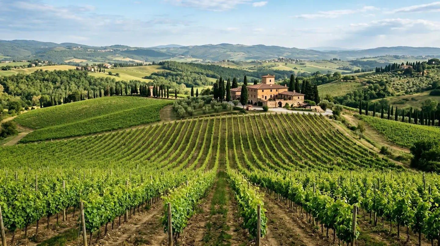 Rows of grapevines on rolling Chianti hills with traditional stone wine estate building among the vineyards under natural light
