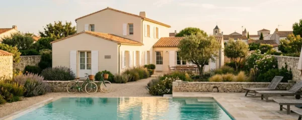 Luxury villa on Île de Ré with infinity pool, private Mediterranean garden, traditional white shutters and terracotta roof, Réthais bicycles parked near entrance, distant village rooftops visible under golden hour sunlight