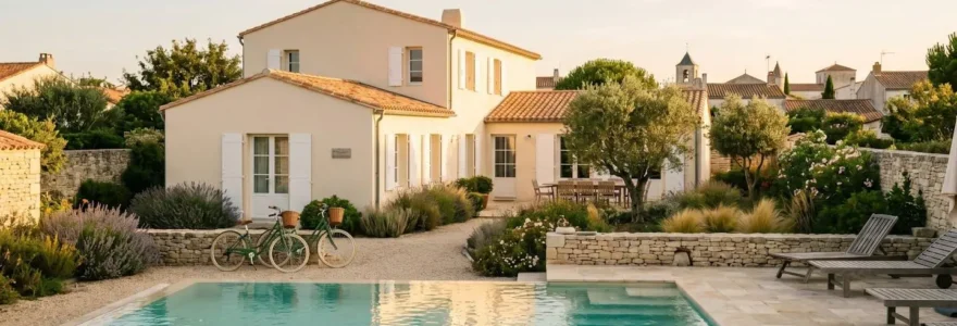 Luxury villa on Île de Ré with infinity pool, private Mediterranean garden, traditional white shutters and terracotta roof, Réthais bicycles parked near entrance, distant village rooftops visible under golden hour sunlight