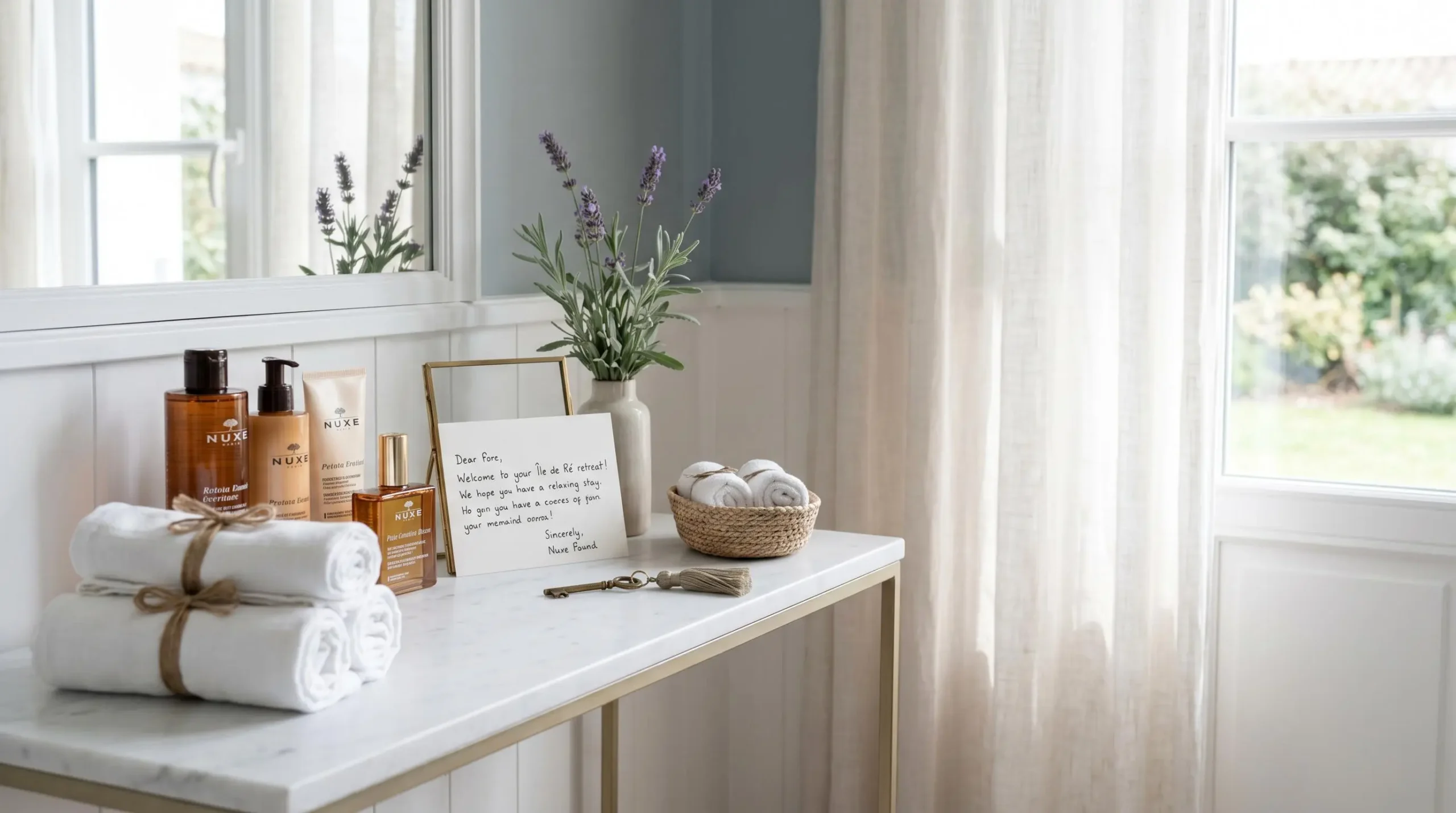 Luxury villa welcome arrangement on white marble console showing Nuxe product bottles, rolled white linen towels, personalised English welcome card, fresh lavender in ceramic vase, illuminated by soft natural window light
