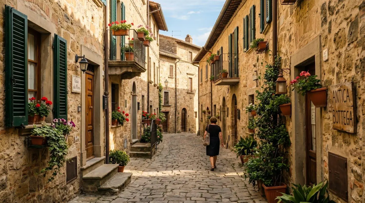 Narrow cobblestone street curving through a medieval Tuscan village with stone buildings and green shutters in natural morning light
