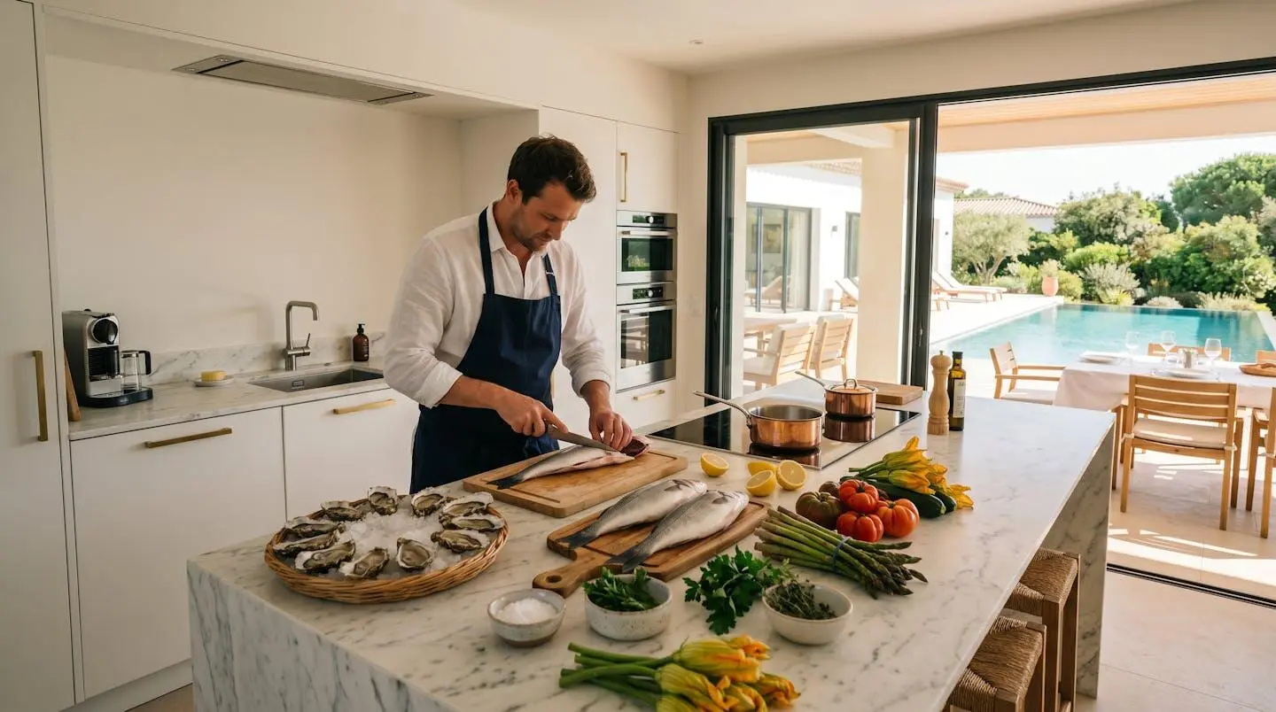 Private chef preparing fresh local seafood and Île de Ré ingredients at white marble kitchen island in contemporary villa, with open glass doors revealing pool, terrace and Mediterranean garden in afternoon sunlight