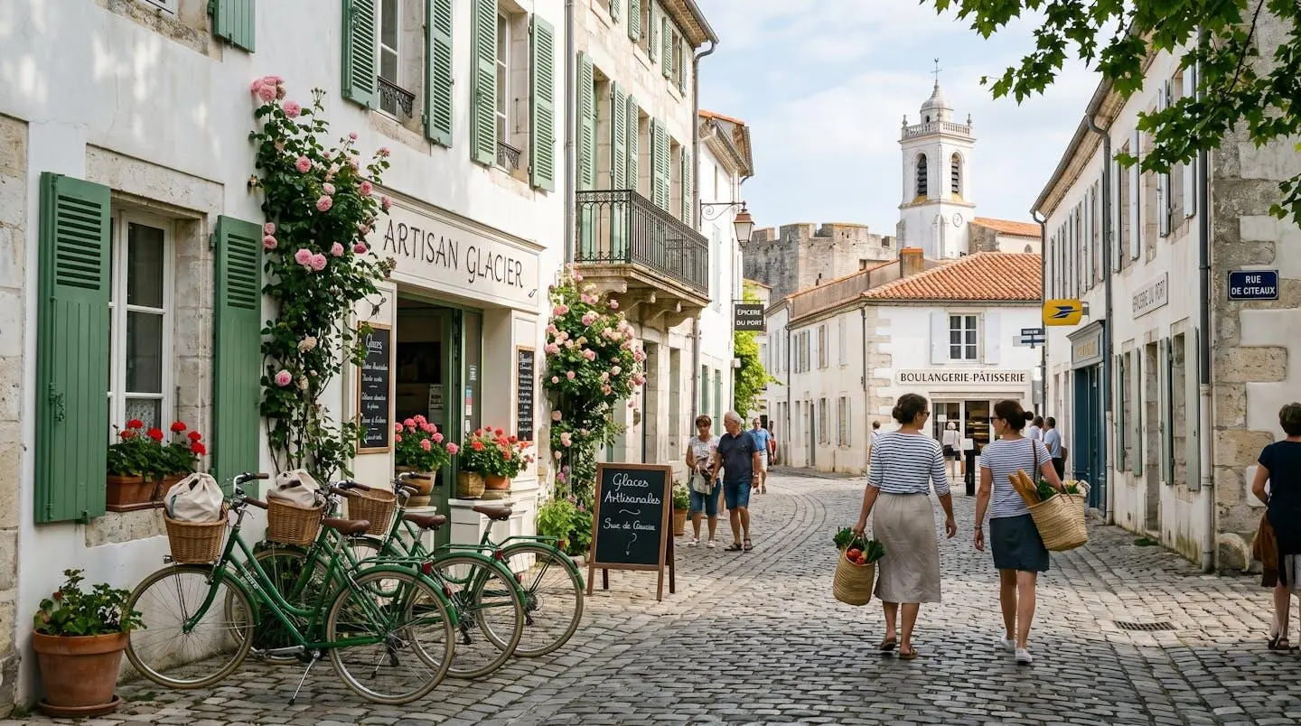 Traditional cobblestone street in Saint-Martin-de-Ré village showing white buildings with green shutters, Réthais bicycles parked outside artisan shop, pedestrians with market baskets, fortification walls and church tower visible in background under morning sunlight
