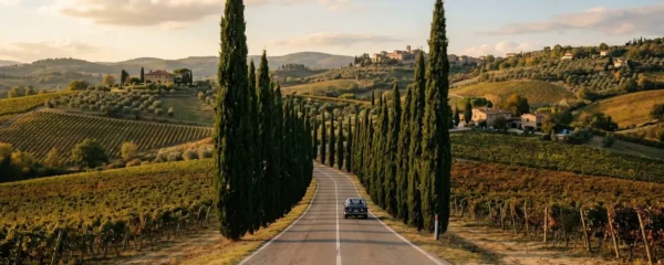 Tuscan country road lined with cypress trees winding through rolling Chianti vineyard hills in golden afternoon light