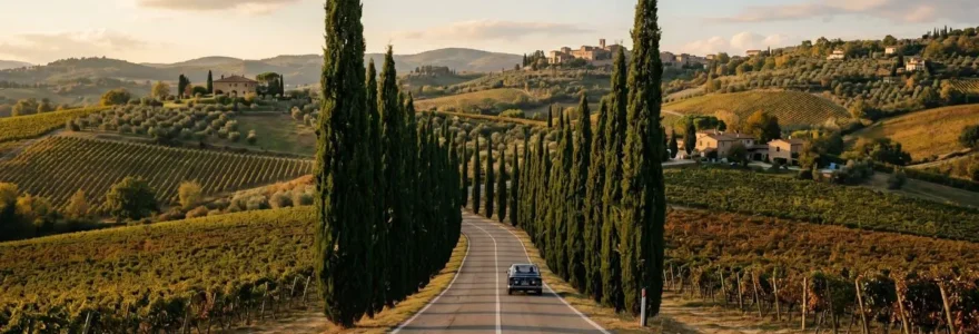Tuscan country road lined with cypress trees winding through rolling Chianti vineyard hills in golden afternoon light