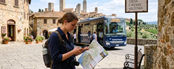 Traveler planning a Tuscany bus journey between Florence, Siena and San Gimignano