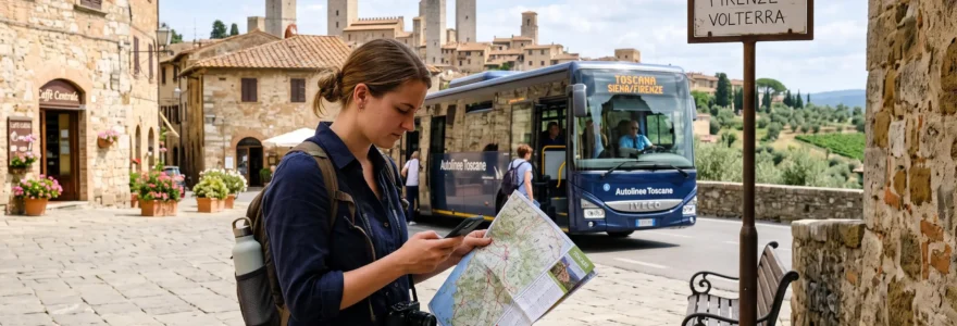 Traveler planning a Tuscany bus journey between Florence, Siena and San Gimignano