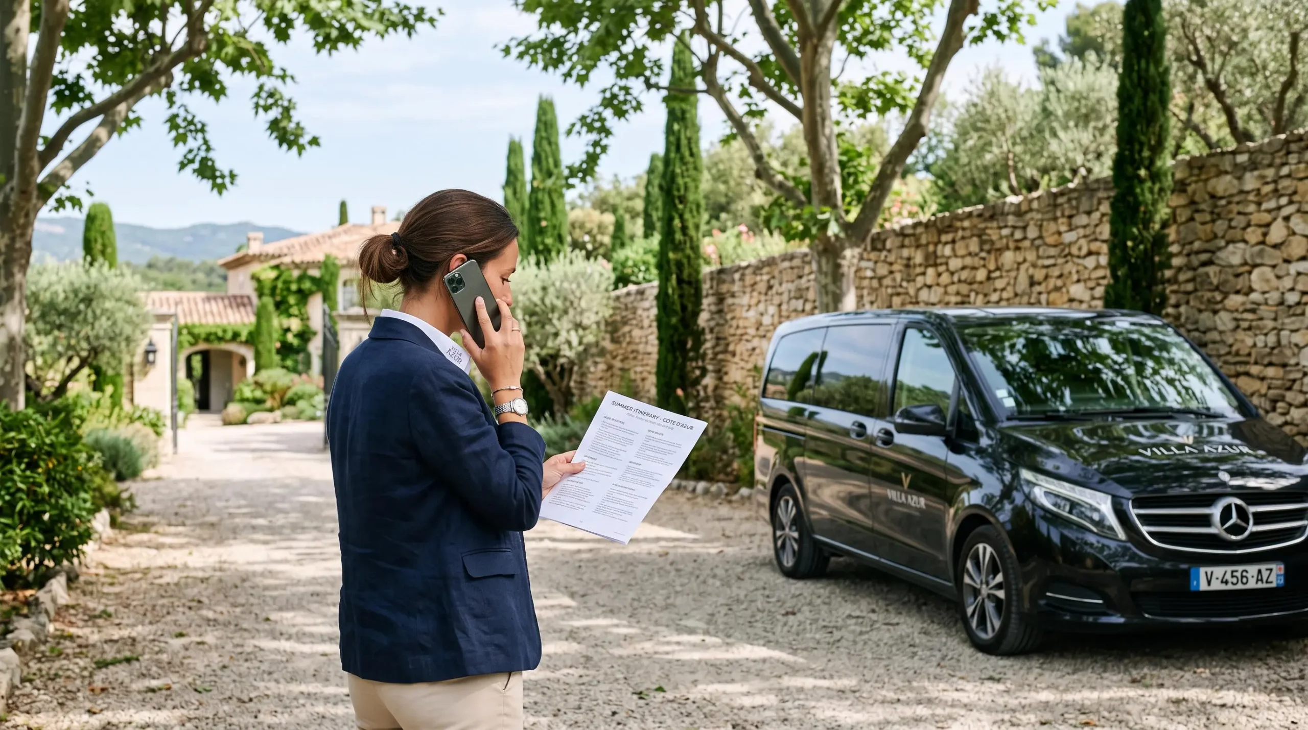 A concierge confirms transfer details by phone beside a van at a villa driveway.