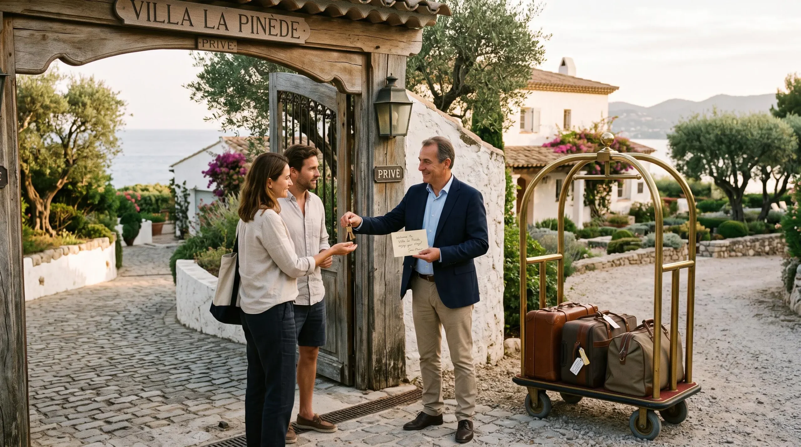A concierge welcomes arriving guests with keys at a villa entrance gate.