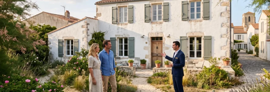 A couple views a luxury whitewashed house on Île de Ré with a concierge.