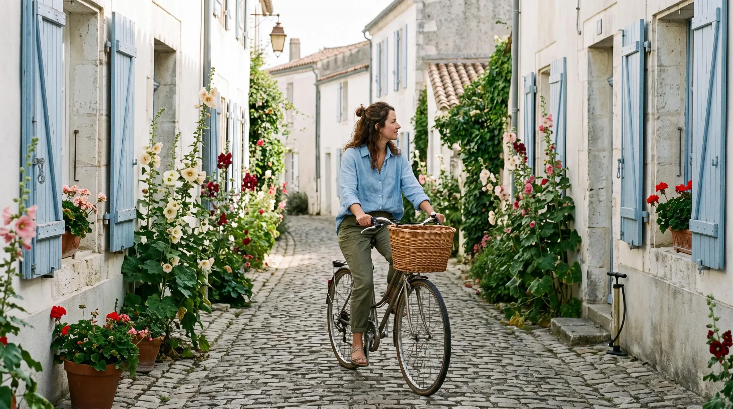 A woman cycles through a quiet whitewashed village lane on Île de Ré.