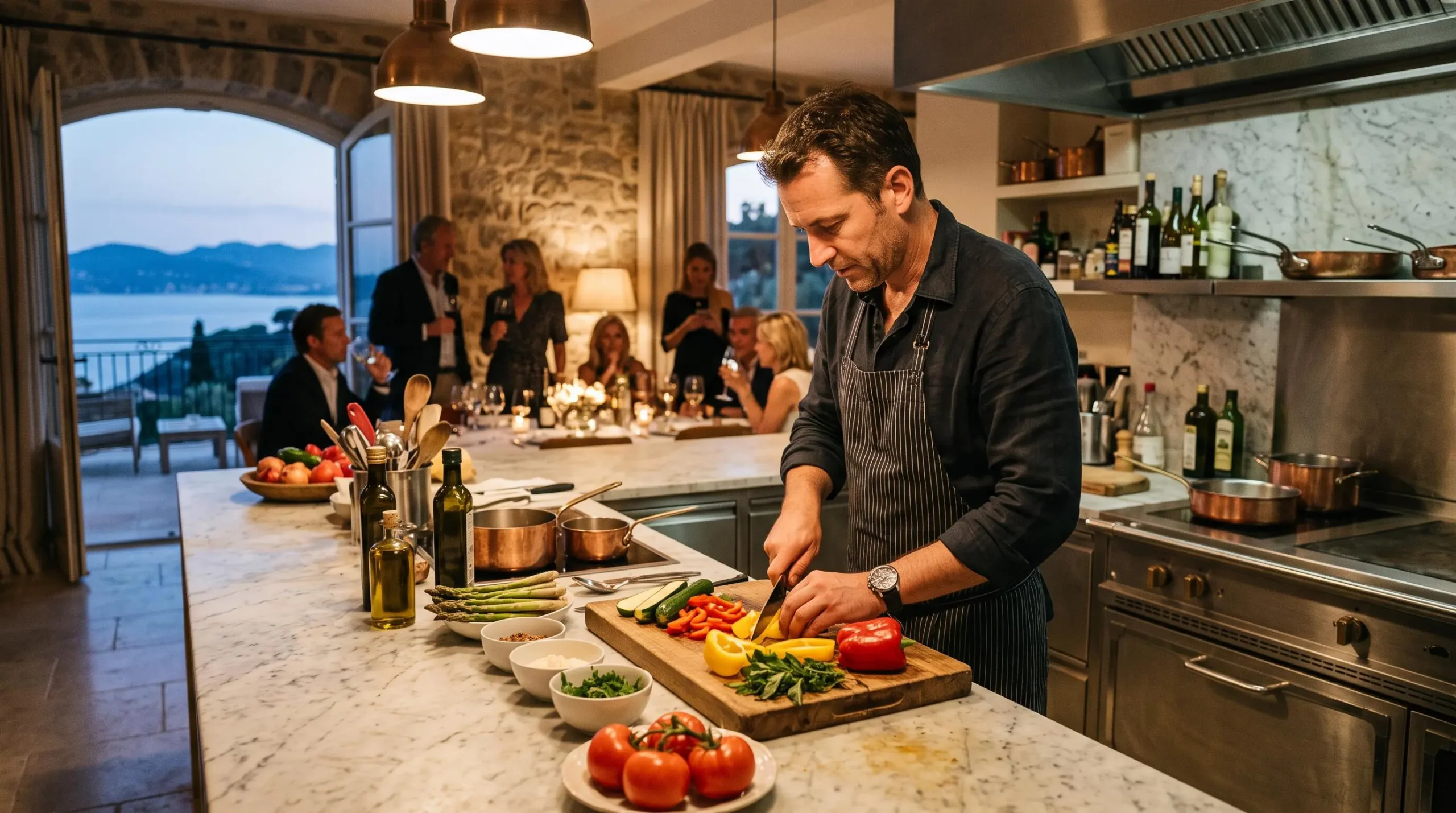 A private chef prepares dinner in the open kitchen of a luxury villa.