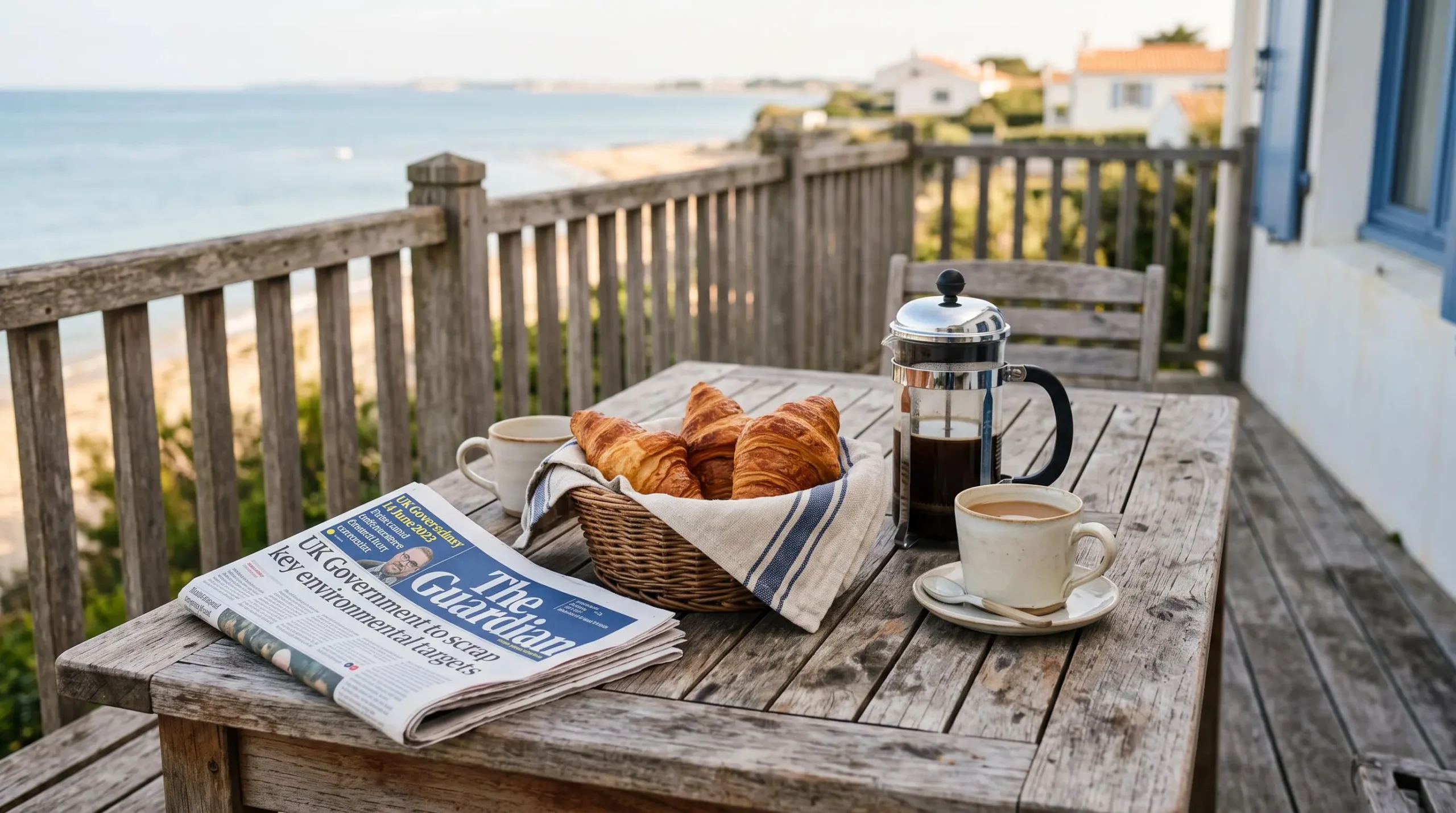 A breakfast table with croissants and coffee on a private rental terrace.